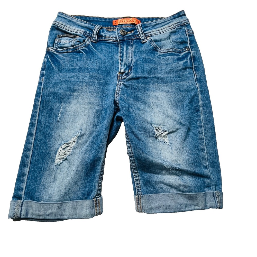 Miss Vigoss Denim Bermuda Shorts Womens 25‎ Y2K Distressed Cuffed Stretch